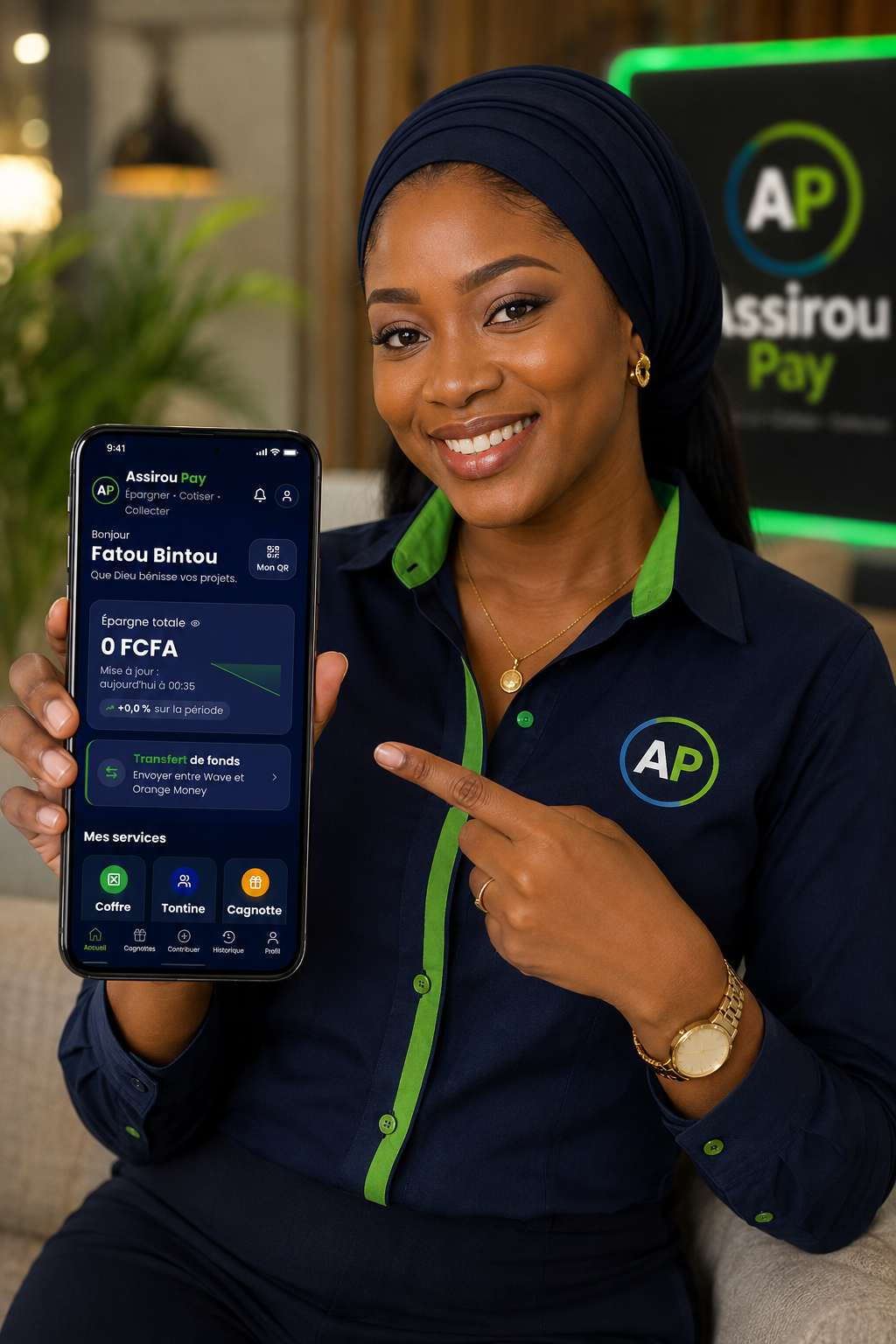 Application Assirou Pay sur smartphone tenue par une utilisatrice