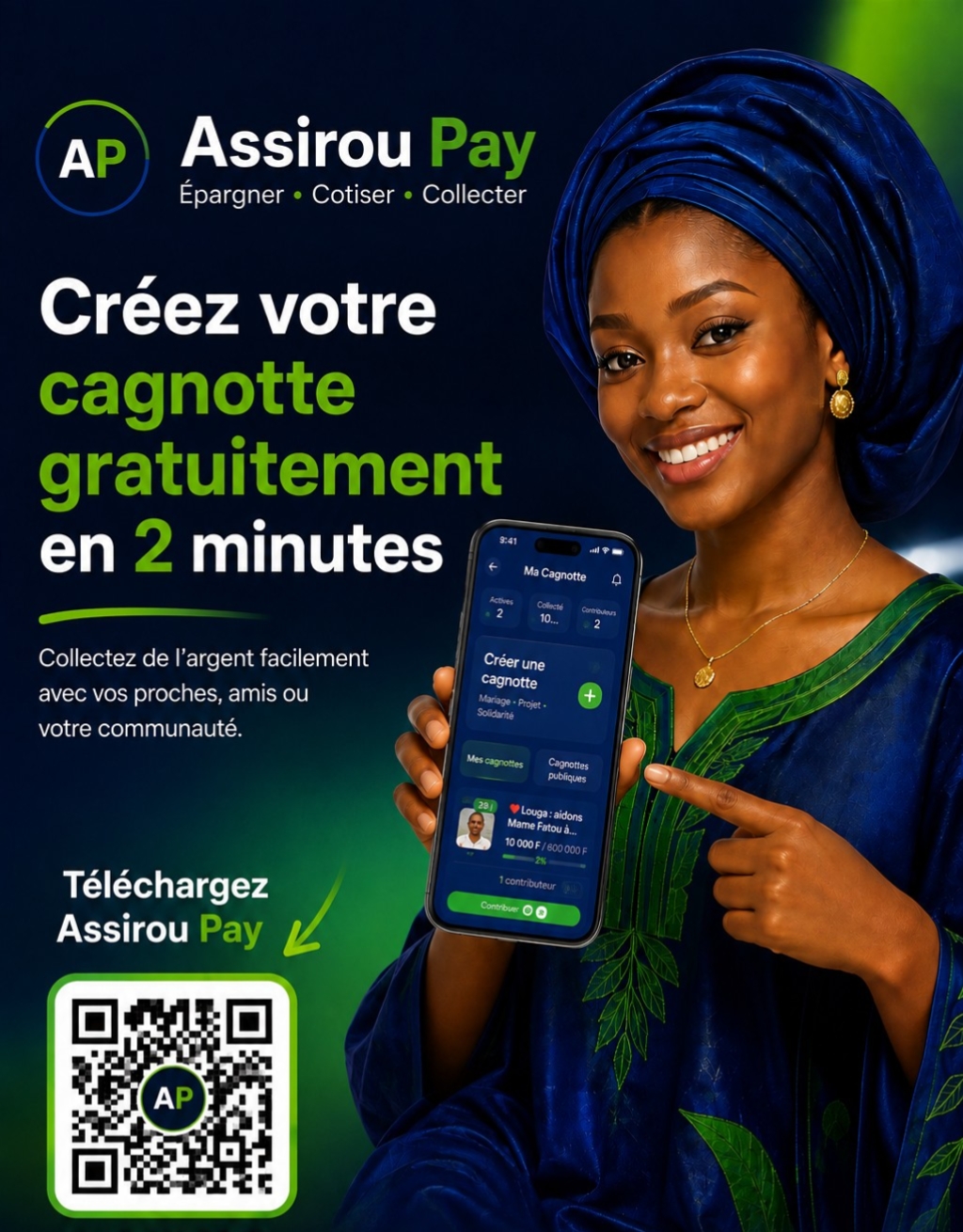 Affiche promotionnelle Cagnotte Assirou Pay avec QR code